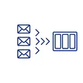 Three email envelopes converging into a single kanban pipeline, depicting how a multi-inbox OTI consolidates nomination cases into one shared pipeline.